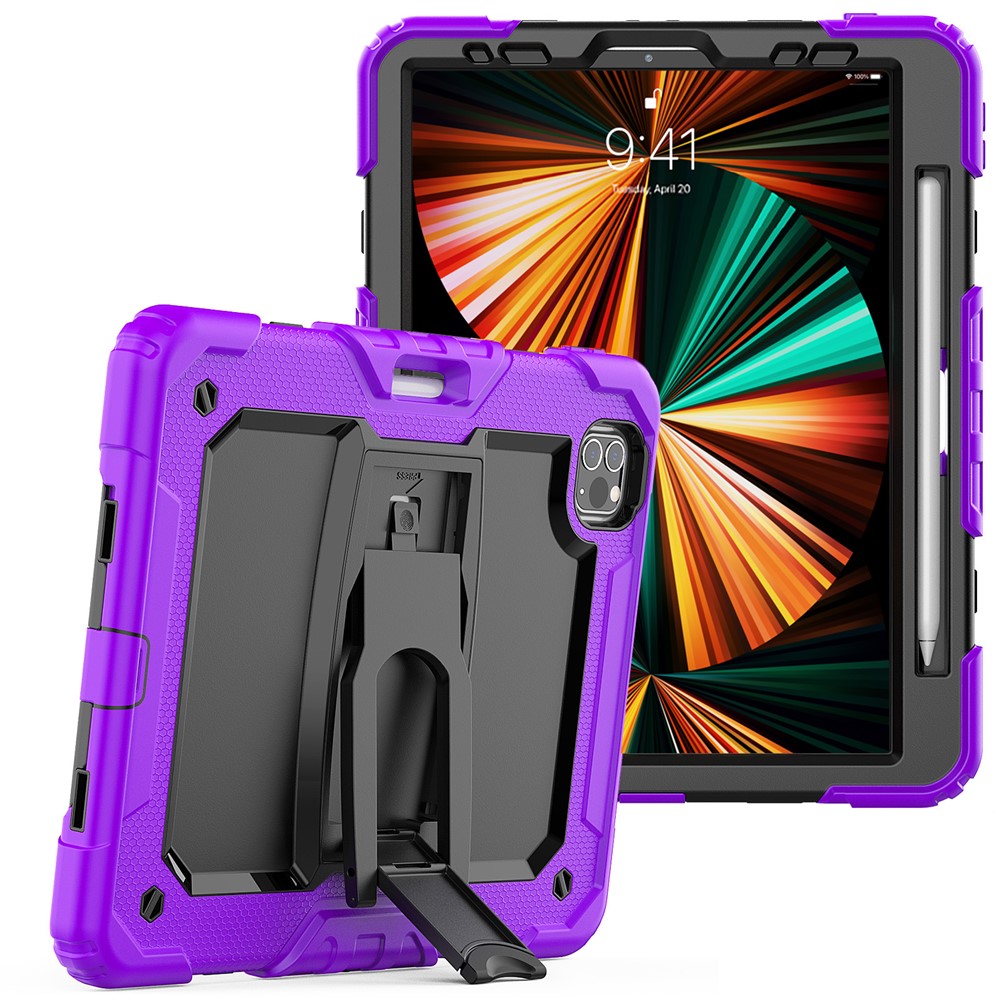 Thickened Silicone + PC Well-protected Tablet Case Kickstand Cover with Shoulder Strap for iPad Pro 11 (2022) / (2021) / (2020) / (2018) - Black / Purple
