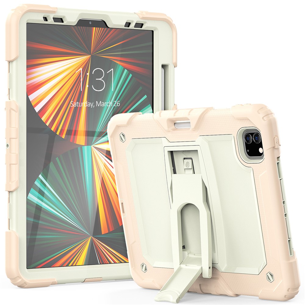 Thickened Silicone + PC Well-protected Tablet Case Kickstand Cover with Shoulder Strap for iPad Pro 11 (2022) / (2021) / (2020) / (2018) - Rose Gold / Beige