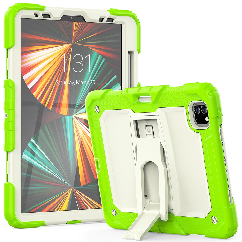 Thickened Silicone + PC Well-protected Tablet Case Kickstand Cover with Shoulder Strap for iPad Pro 11 (2022) / (2021) / (2020) / (2018) - Lime / Beige