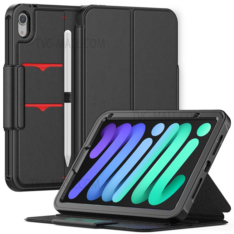 Multi-function Stand Design Anti-scratch Hybrid PC + TPU Case + PU Leather Tablet Cover with Card Slot for iPad mini (2021) - Black-1