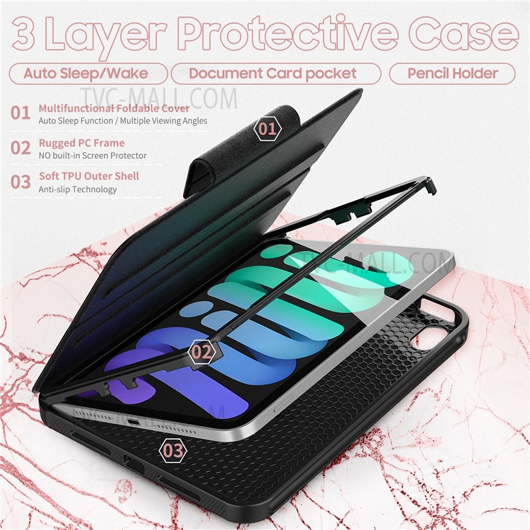 Multi-function Stand Design Anti-scratch Hybrid PC + TPU Case + PU Leather Tablet Cover with Card Slot for iPad mini (2021) - Black-5