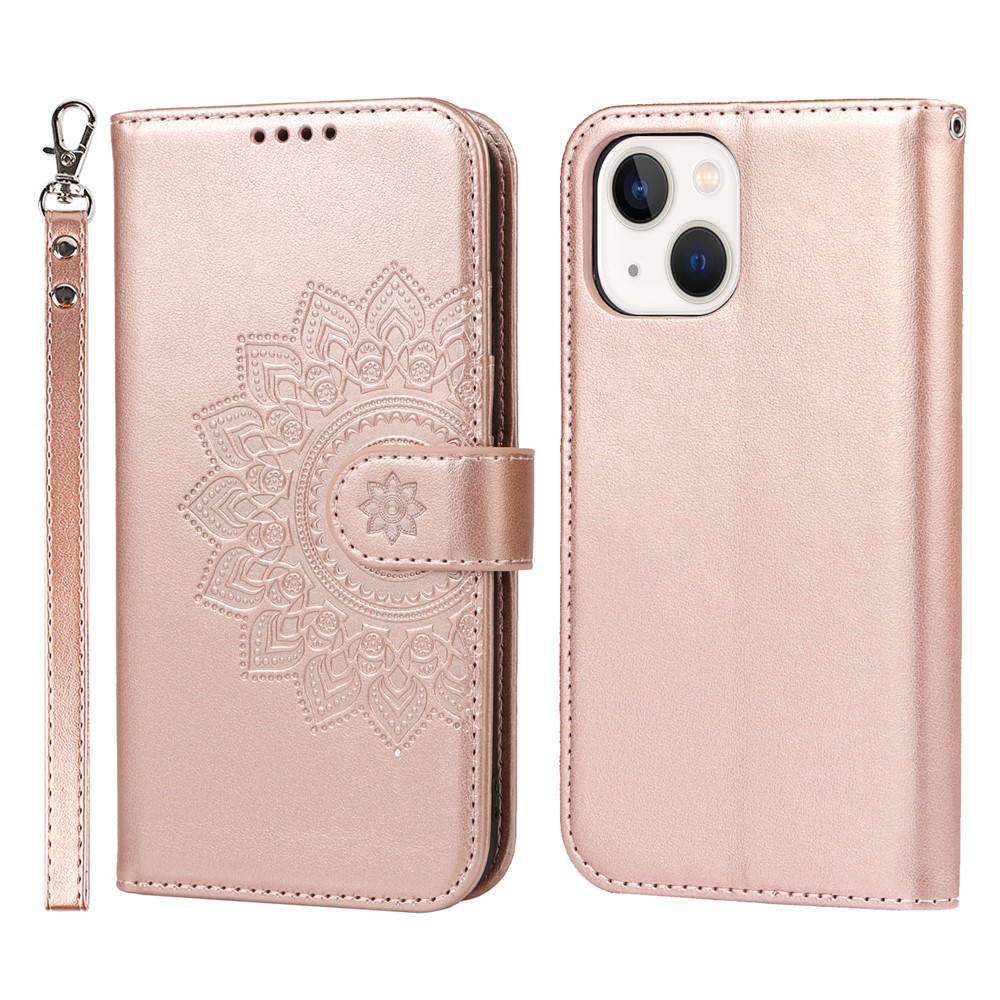 Pattern Imprinting Felled Seam Design R61 Texture PU Leather Wallet Phone Cover Shell for iPhone 13 mini 5.4 inch - Rose Gold