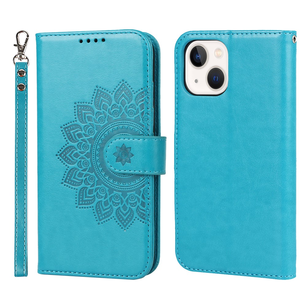 Pattern Imprinting Felled Seam Design R61 Texture PU Leather Wallet Phone Cover Shell for iPhone 13 mini 5.4 inch - Blue