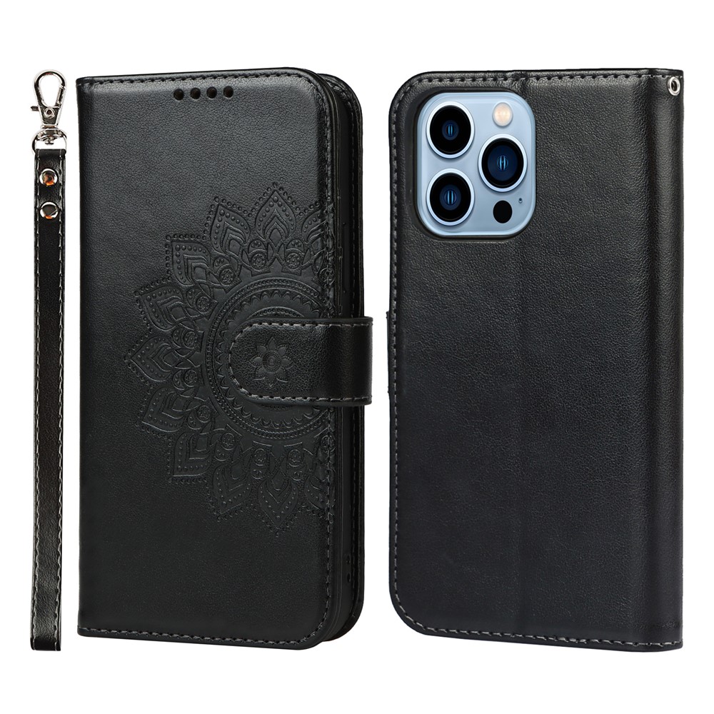 R61 Texture Pattern Imprinting Felled Seam Design PU Leather Wallet Phone Cover Shell for iPhone 13 Pro Max 6.7 inch - Black-1