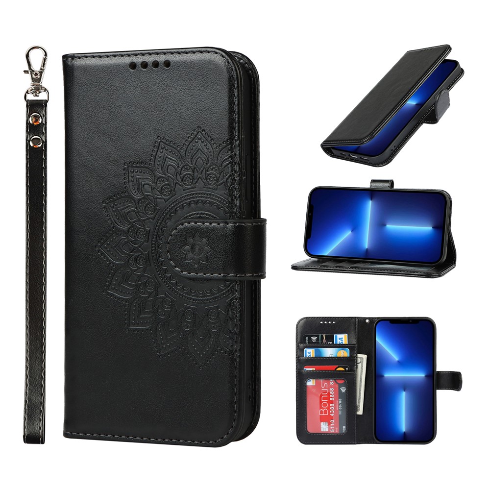R61 Texture Pattern Imprinting Felled Seam Design PU Leather Wallet Phone Cover Shell for iPhone 13 Pro Max 6.7 inch - Black-10