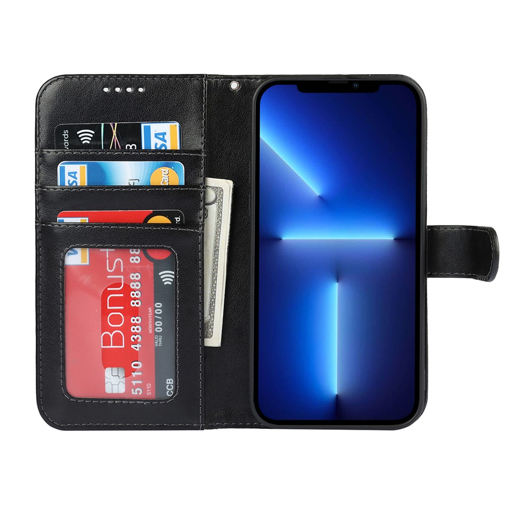 R61 Texture Pattern Imprinting Felled Seam Design PU Leather Wallet Phone Cover Shell for iPhone 13 Pro Max 6.7 inch - Black-4