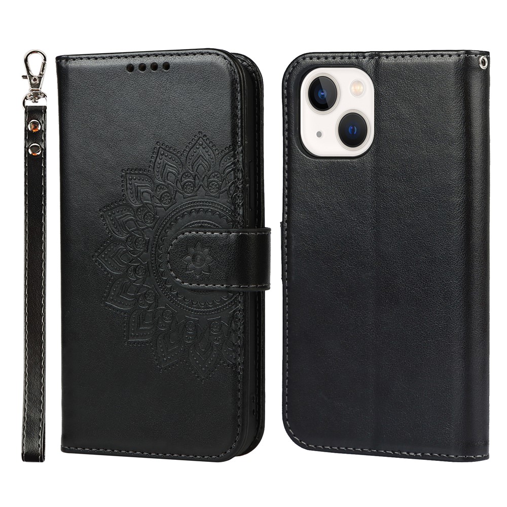 R61 Texture Felled Seam Phone Case Dual-sided Magnetic Clasp PU Leather Wallet Cover with Stand for iPhone 13 6.1 inch - Black-1