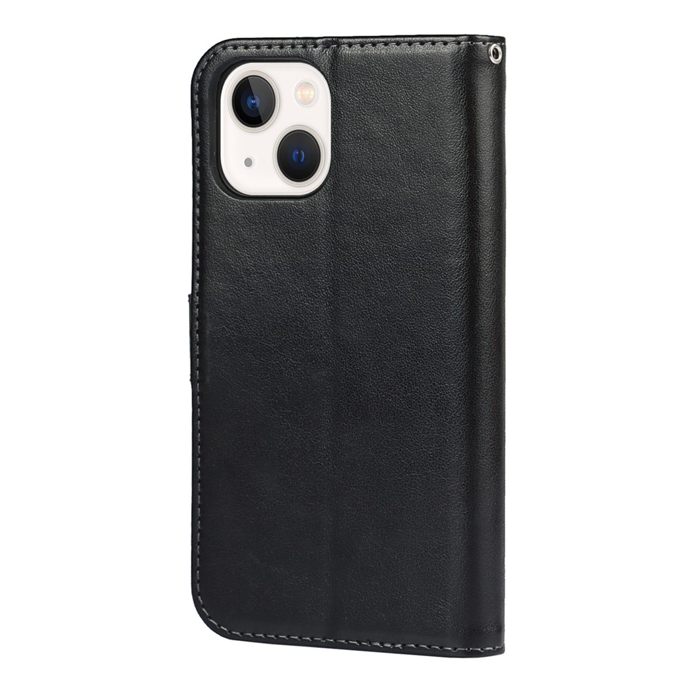 R61 Texture Felled Seam Phone Case Dual-sided Magnetic Clasp PU Leather Wallet Cover with Stand for iPhone 13 6.1 inch - Black-3