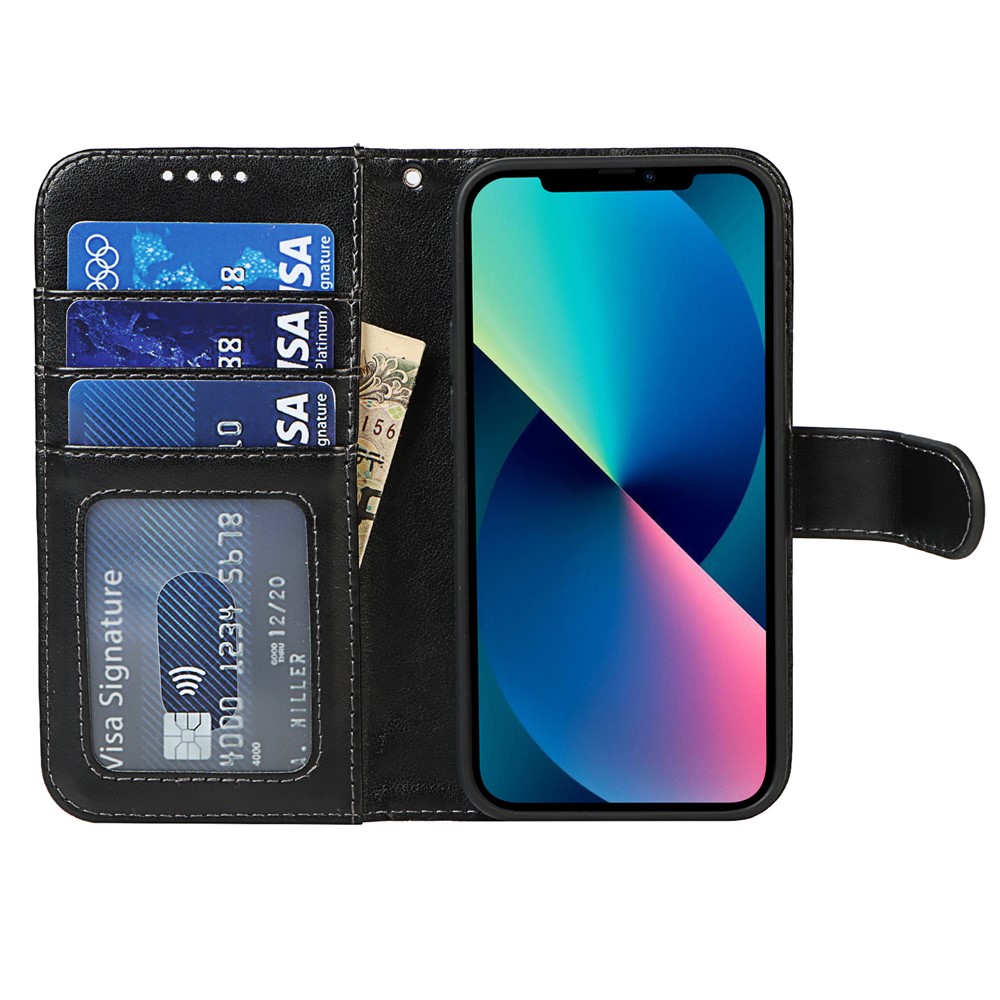 R61 Texture Felled Seam Phone Case Dual-sided Magnetic Clasp PU Leather Wallet Cover with Stand for iPhone 13 6.1 inch - Black-4