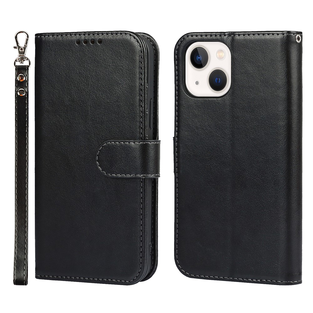 R61 Texture Felled Seam Phone Case Well-Protected Anti-Fall PU Leather Stand Wallet Cover Shell for iPhone 13 mini 5.4 inch - Black-1