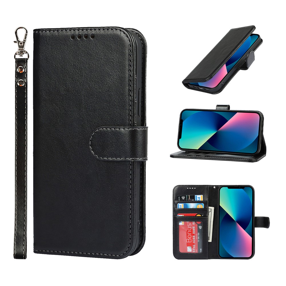 R61 Texture Felled Seam Phone Case Well-Protected Anti-Fall PU Leather Stand Wallet Cover Shell for iPhone 13 mini 5.4 inch - Black-10