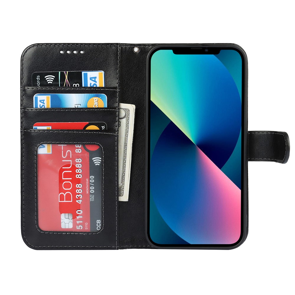 R61 Texture Felled Seam Phone Case Well-Protected Anti-Fall PU Leather Stand Wallet Cover Shell for iPhone 13 mini 5.4 inch - Black-4