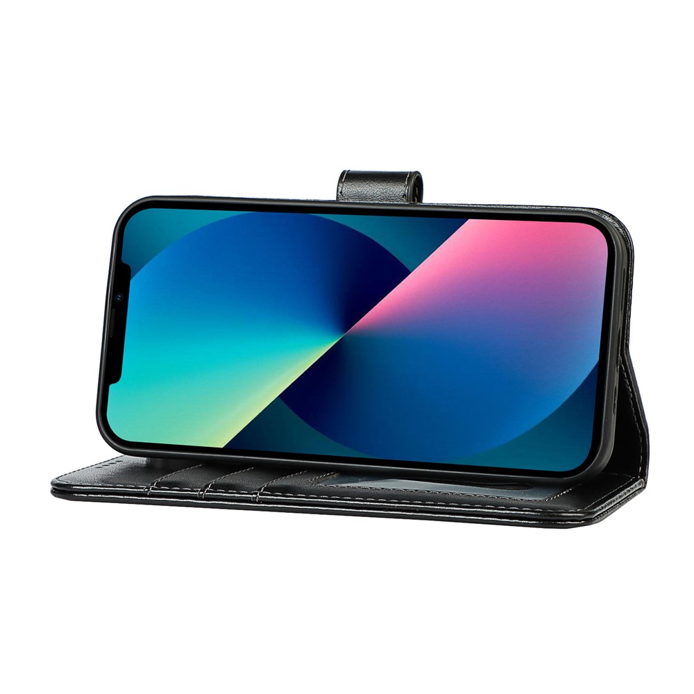 R61 Texture Felled Seam Phone Case Well-Protected Anti-Fall PU Leather Stand Wallet Cover Shell for iPhone 13 mini 5.4 inch - Black-5