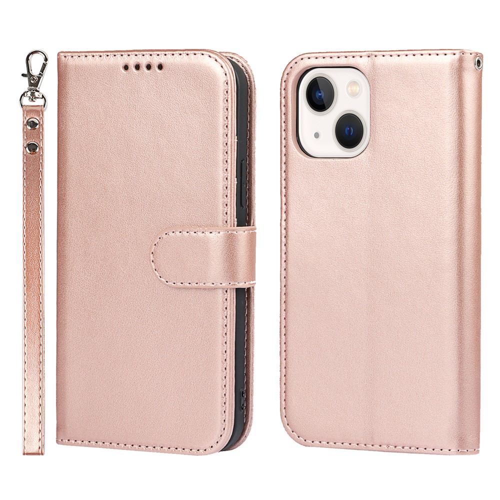 R61 Texture Felled Seam Phone Case Well-Protected Anti-Fall PU Leather Stand Wallet Cover Shell for iPhone 13 mini 5.4 inch - Rose Gold