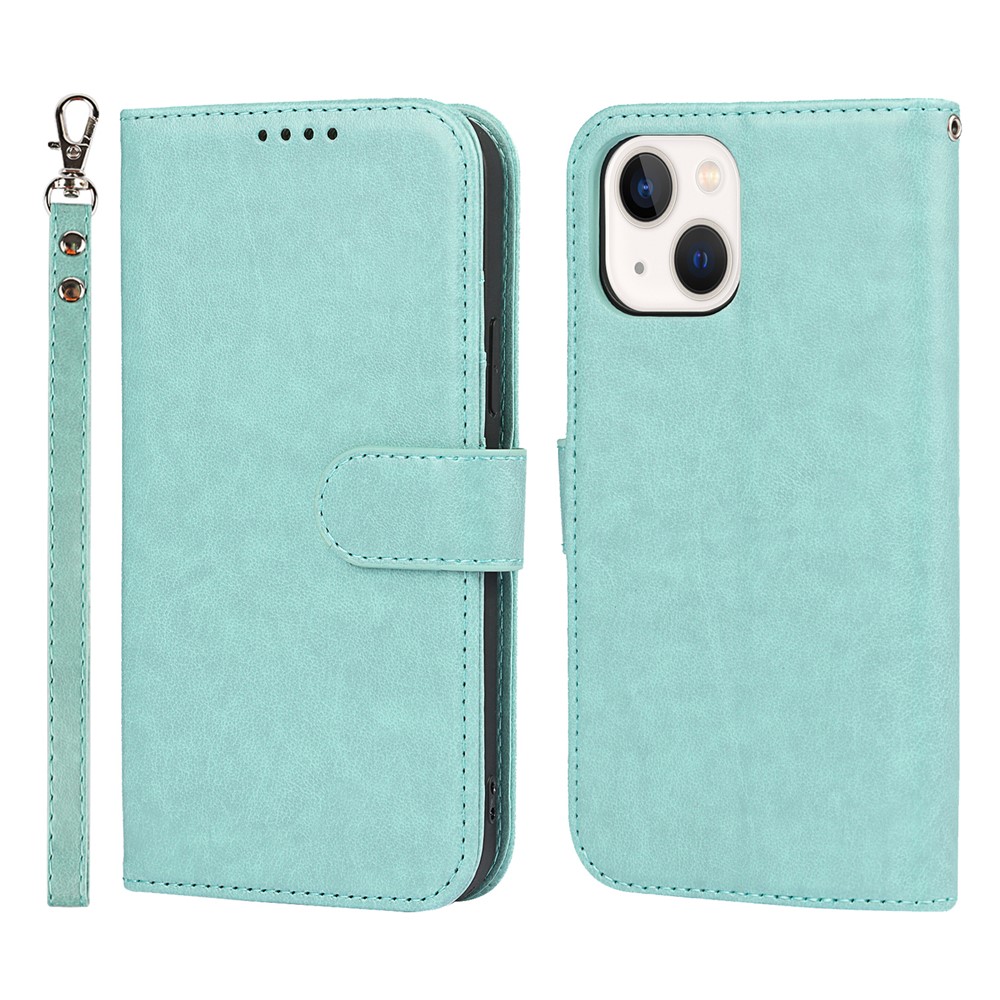 R61 Texture Felled Seam Phone Case Well-Protected Anti-Fall PU Leather Stand Wallet Cover Shell for iPhone 13 mini 5.4 inch - Light Green