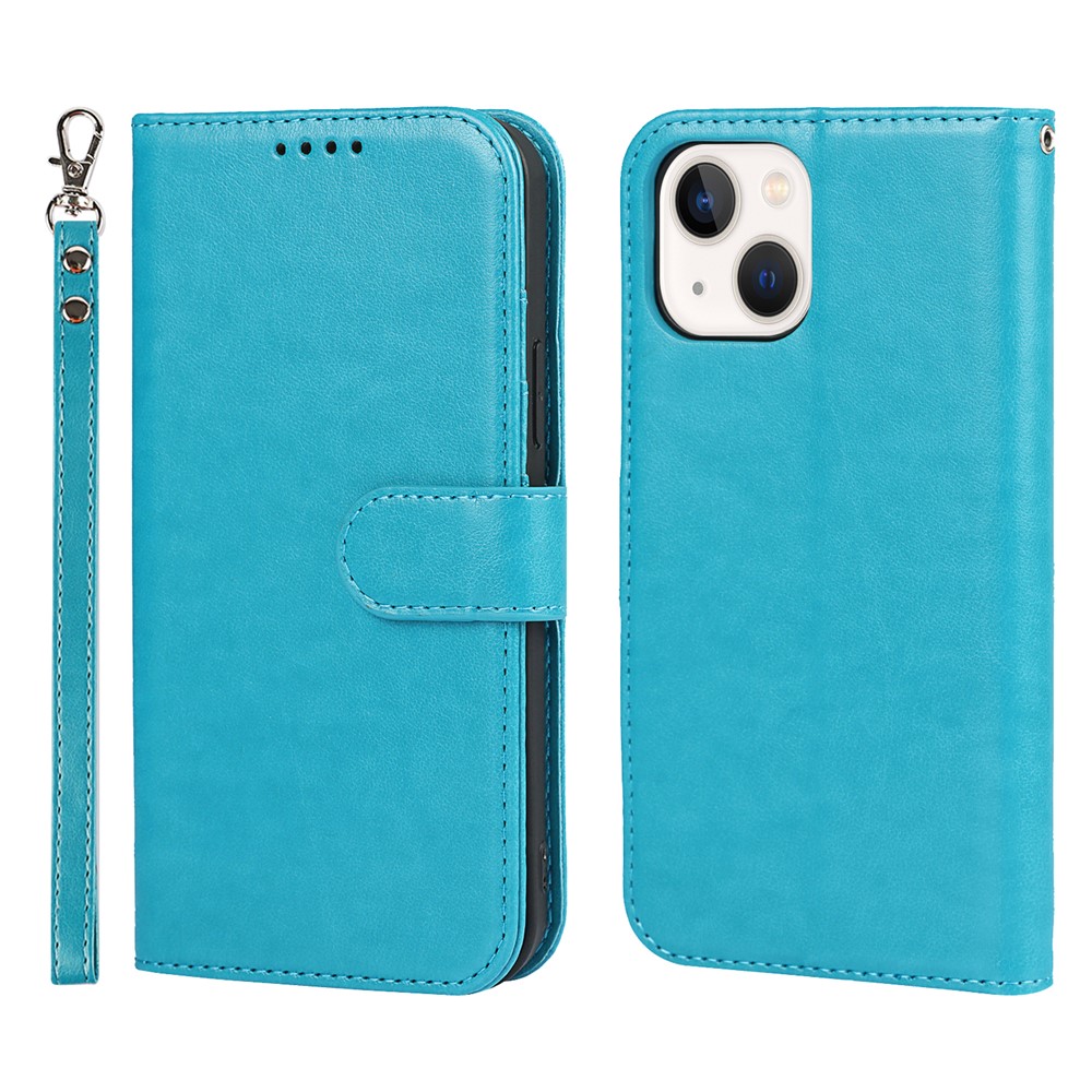 R61 Texture Felled Seam Phone Case Well-Protected Anti-Fall PU Leather Stand Wallet Cover Shell for iPhone 13 mini 5.4 inch - Blue