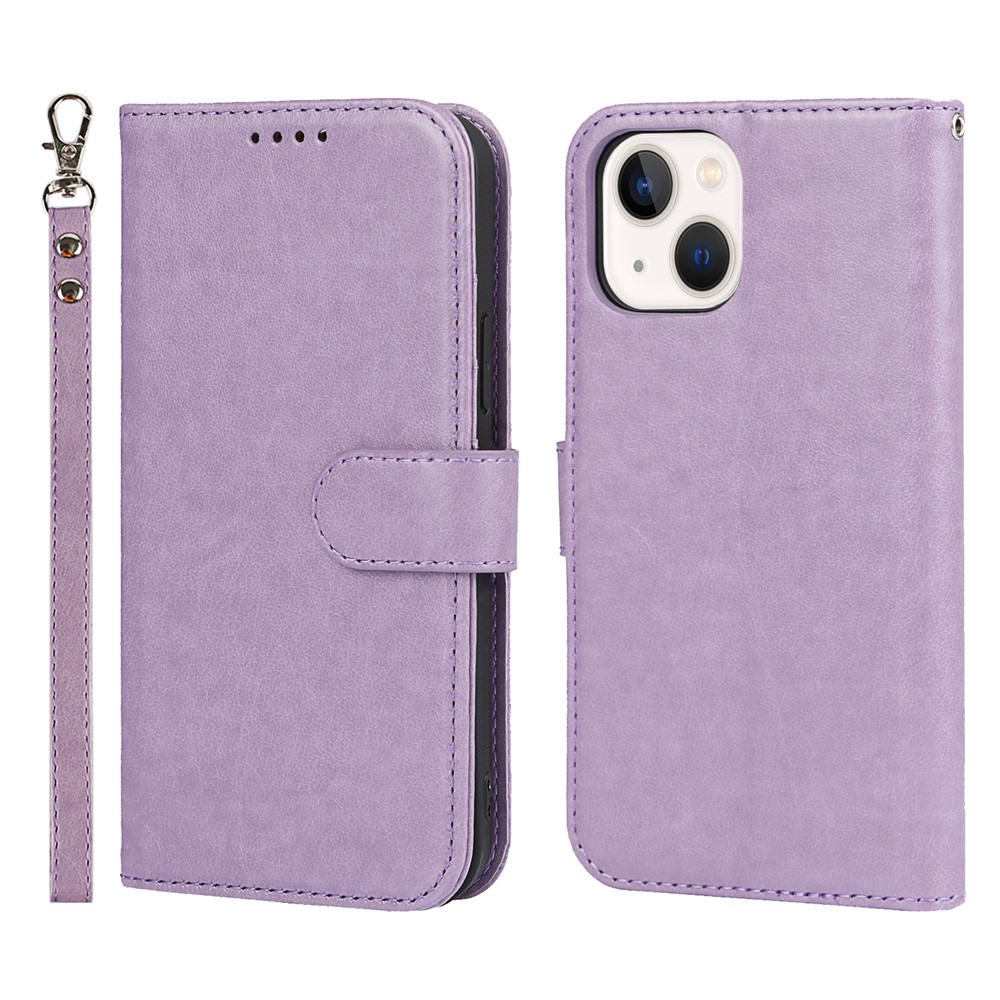 R61 Texture Felled Seam Phone Case Well-Protected Anti-Fall PU Leather Stand Wallet Cover Shell for iPhone 13 mini 5.4 inch - Purple