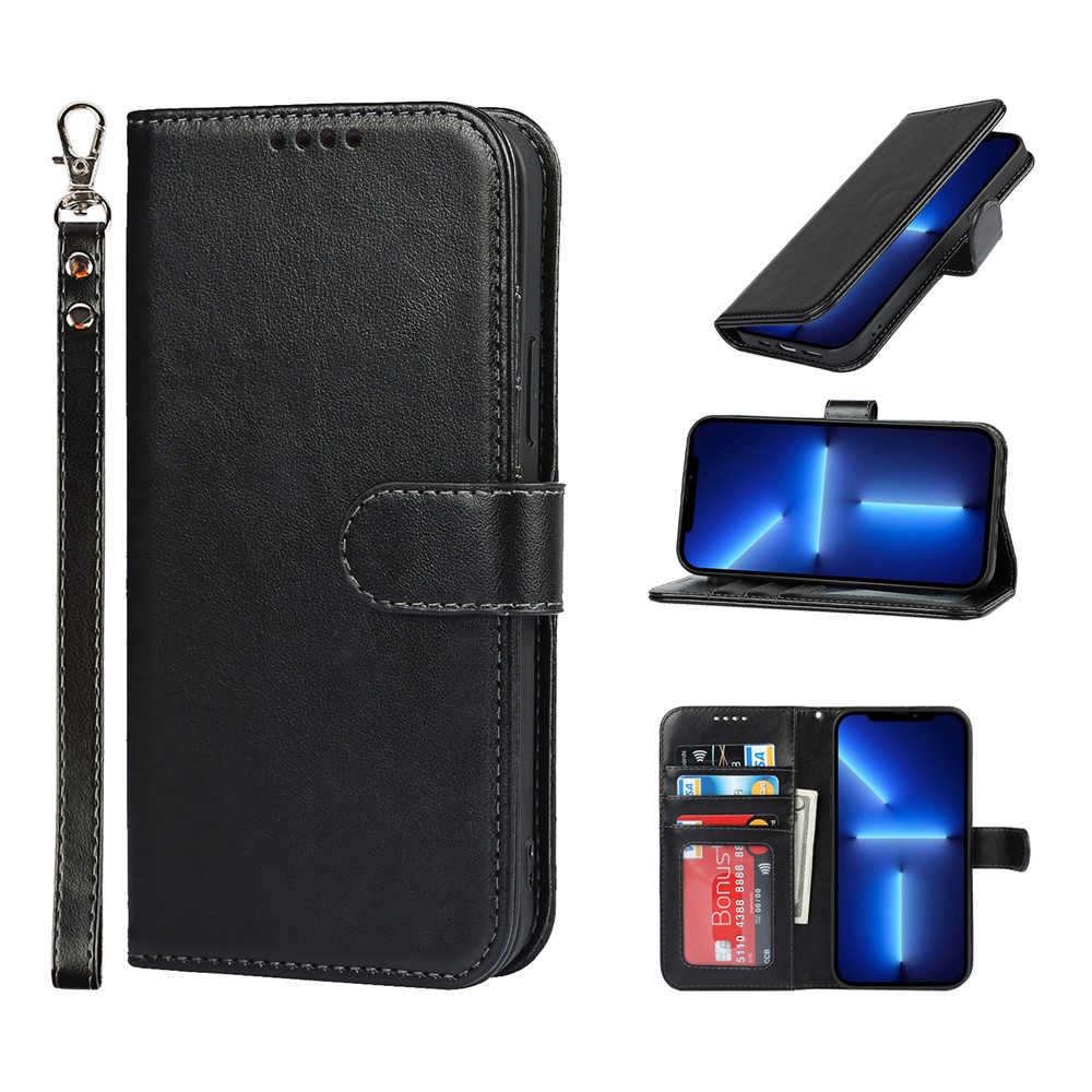 R61 Texture Felled Seam Phone Case Stand Scratch-resistant PU Leather Wallet Protective Cover for iPhone 13 Pro Max 6.7 inch - Black-10