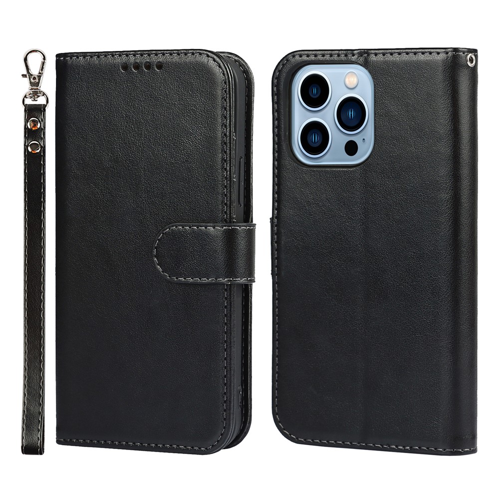 R61 Texture Felled Seam Phone Case Full Body Protection PU Leather Wallet Cover Stand Shell for iPhone 13 Pro 6.1 inch - Black-1