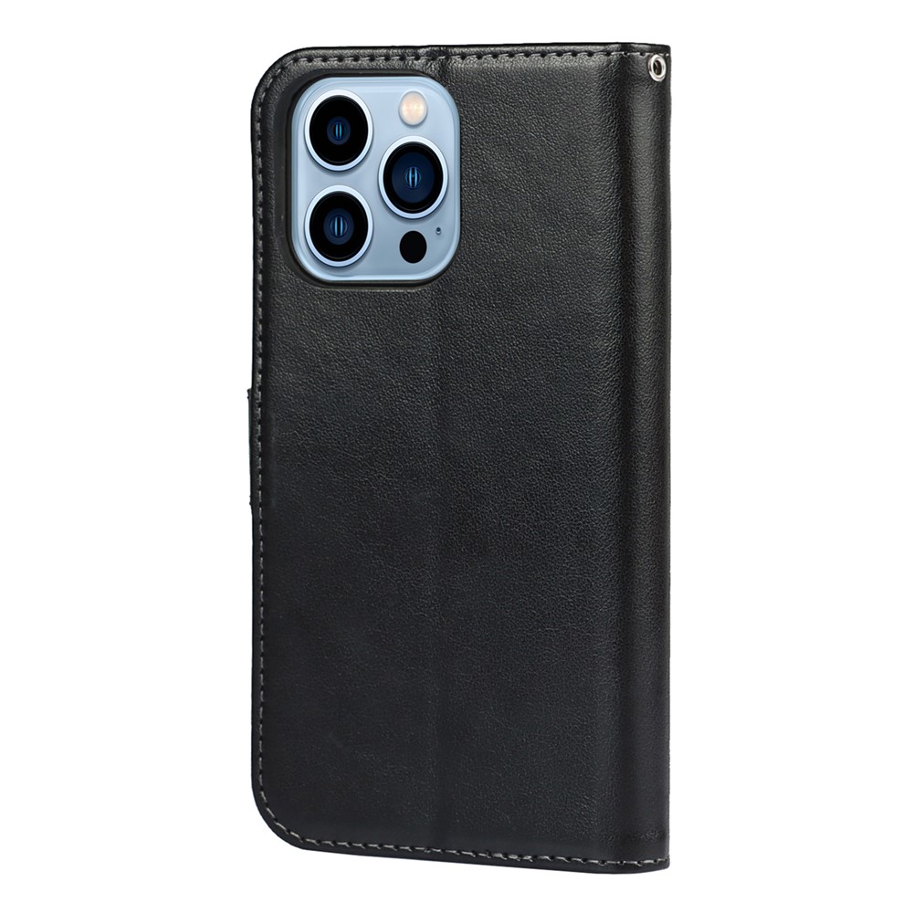 R61 Texture Felled Seam Phone Case Full Body Protection PU Leather Wallet Cover Stand Shell for iPhone 13 Pro 6.1 inch - Black-3