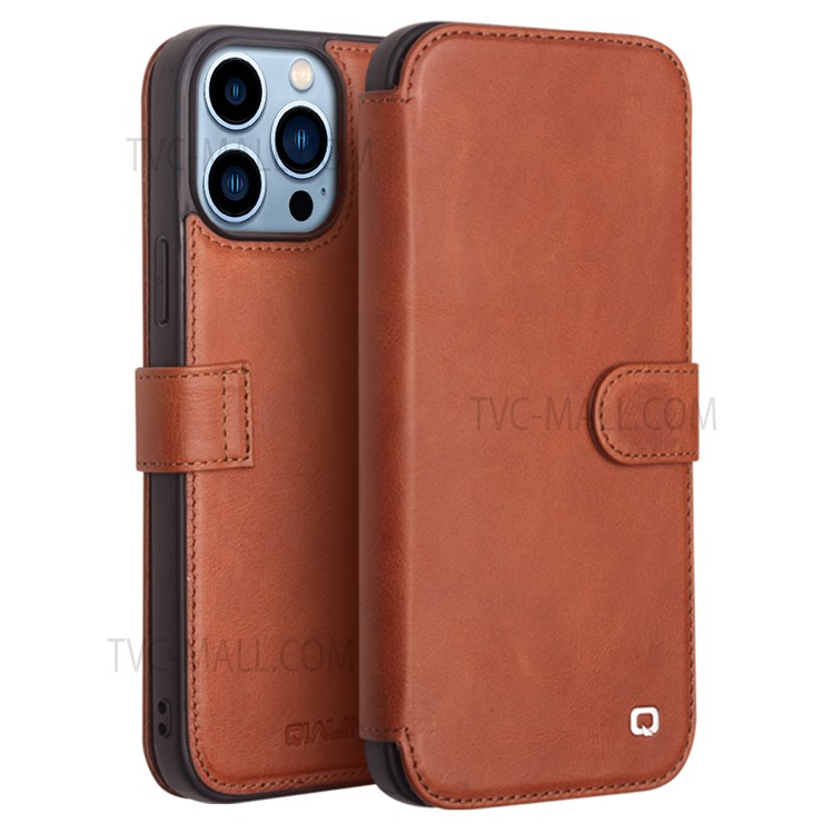 QIALINO Genuine Cowhide Leather Magnetic Clasp Full Protection Wallet Phone Case for iPhone 13 Pro Max 6.7 inch - Brown-1