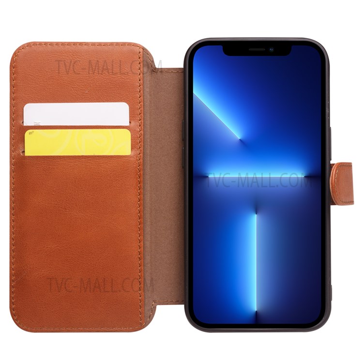 QIALINO Genuine Cowhide Leather Magnetic Clasp Full Protection Wallet Phone Case for iPhone 13 Pro Max 6.7 inch - Brown-2