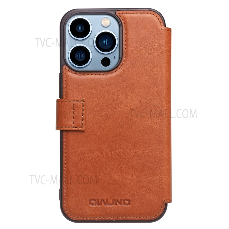 QIALINO Genuine Cowhide Leather Magnetic Clasp Full Protection Wallet Phone Case for iPhone 13 Pro Max 6.7 inch - Brown-4