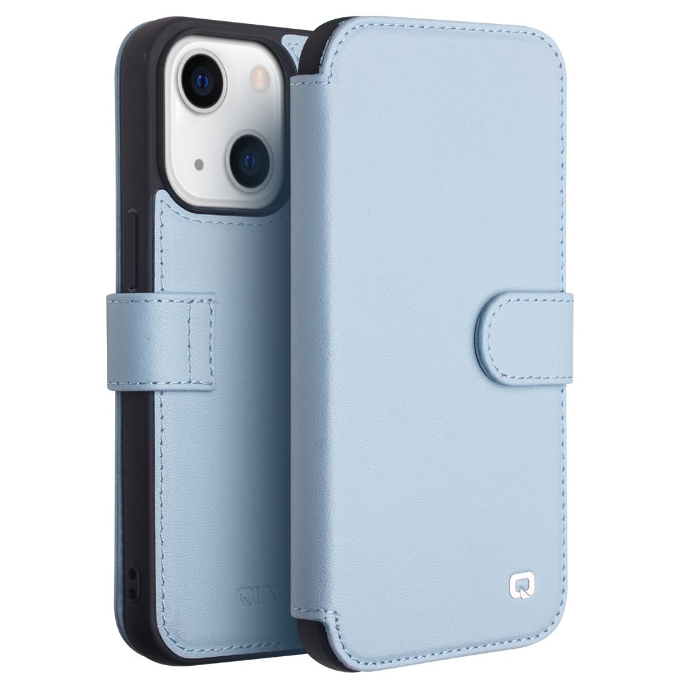 QIALINO Genuine Cowhide Leather Wallet Protective Phone Case Cover for iPhone 13 mini 5.4 inch - Blue-1