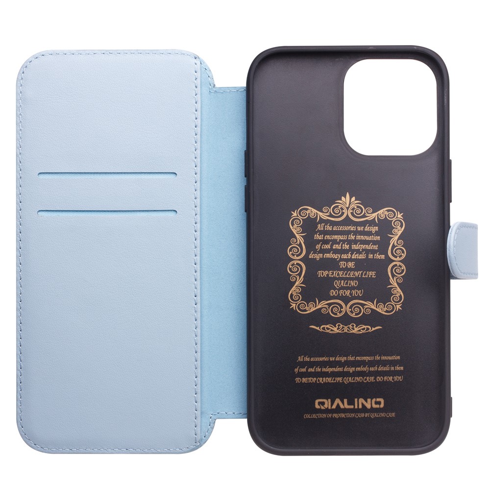QIALINO Genuine Cowhide Leather Wallet Protective Phone Case Cover for iPhone 13 mini 5.4 inch - Blue-3