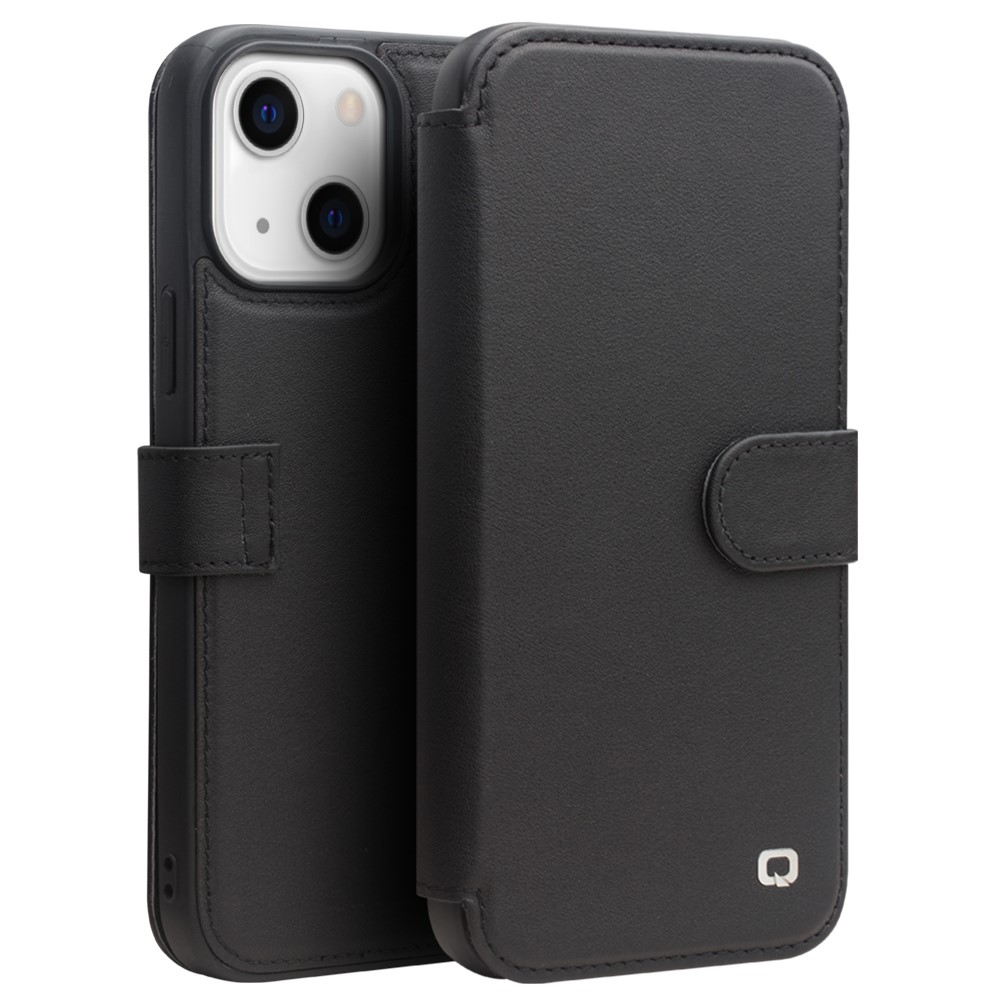 QIALINO Genuine Cowhide Leather Wallet Protective Phone Case Cover for iPhone 13 mini 5.4 inch - Black