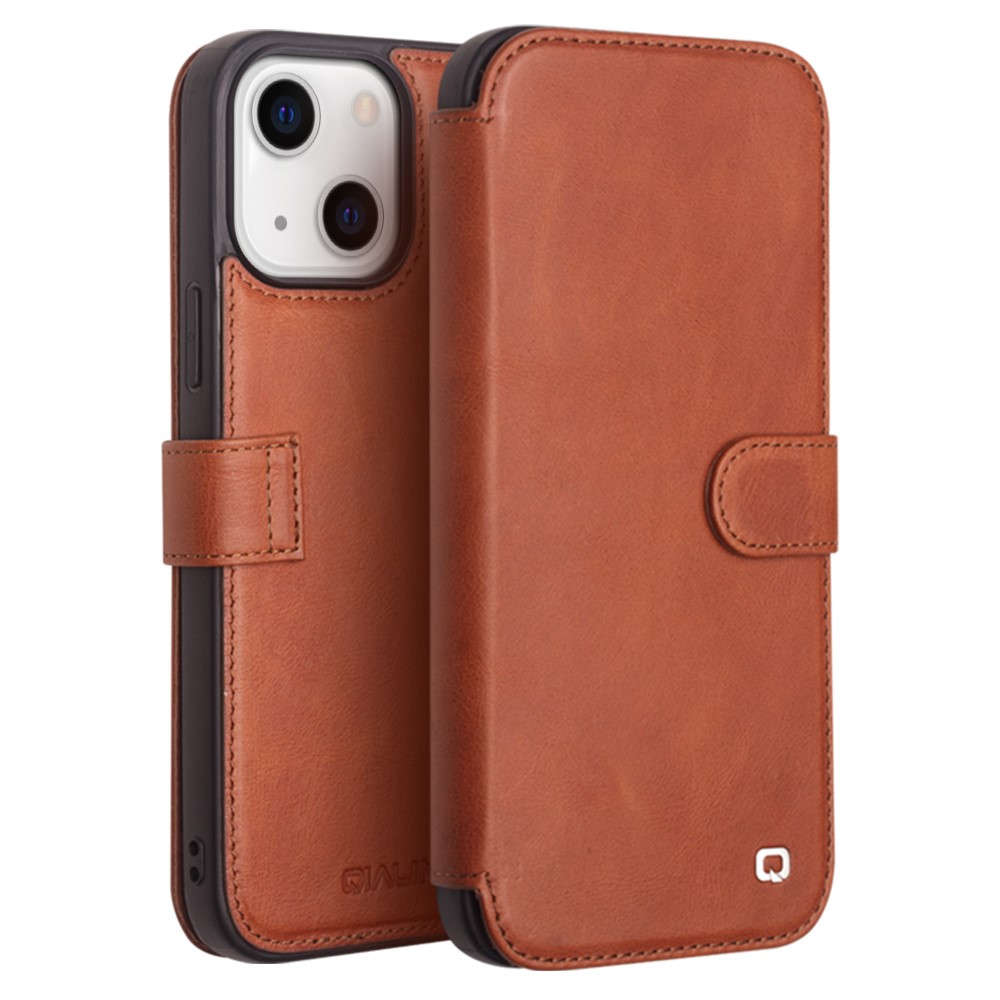 QIALINO Genuine Cowhide Leather Wallet Protective Phone Case Cover for iPhone 13 mini 5.4 inch - Brown