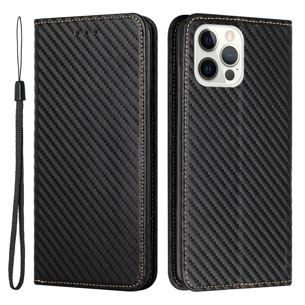 Carbon Fiber Texture Stand Wallet Design Auto-absorbed Leather Case Cover with Hand Strap for iPhone 12 Pro Max 6.7 inch - Black-1