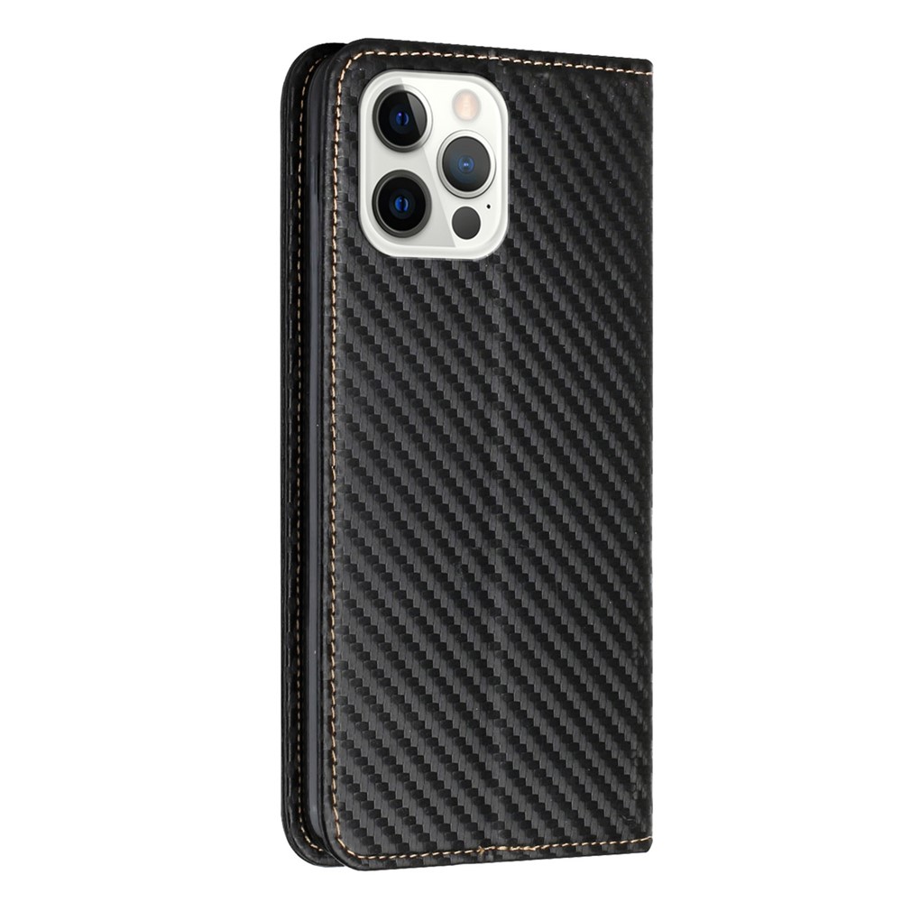 Carbon Fiber Texture Stand Wallet Design Auto-absorbed Leather Case Cover with Hand Strap for iPhone 12 Pro Max 6.7 inch - Black-3