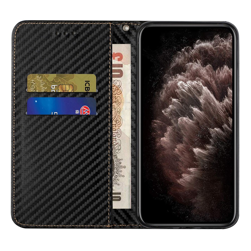 Carbon Fiber Texture Stand Wallet Design Auto-absorbed Leather Case Cover with Hand Strap for iPhone 12 Pro Max 6.7 inch - Black-4