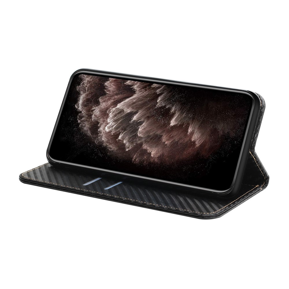 Carbon Fiber Texture Stand Wallet Design Auto-absorbed Leather Case Cover with Hand Strap for iPhone 12 Pro Max 6.7 inch - Black-5