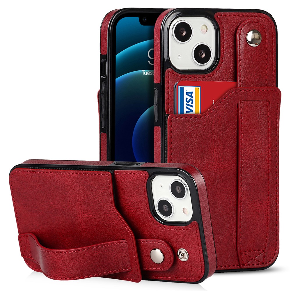 Hand Strap Kickstand Card Slot Design RFID Blocking Function PU Leather Coated TPU Phone Case for iPhone 13 mini 5.4 inch - Red