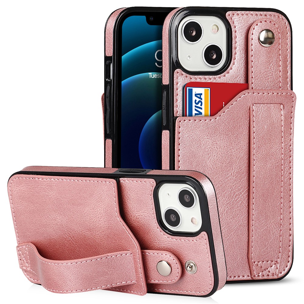 Hand Strap Kickstand Card Slot Design RFID Blocking Function PU Leather Coated TPU Phone Case for iPhone 13 mini 5.4 inch - Rose Gold