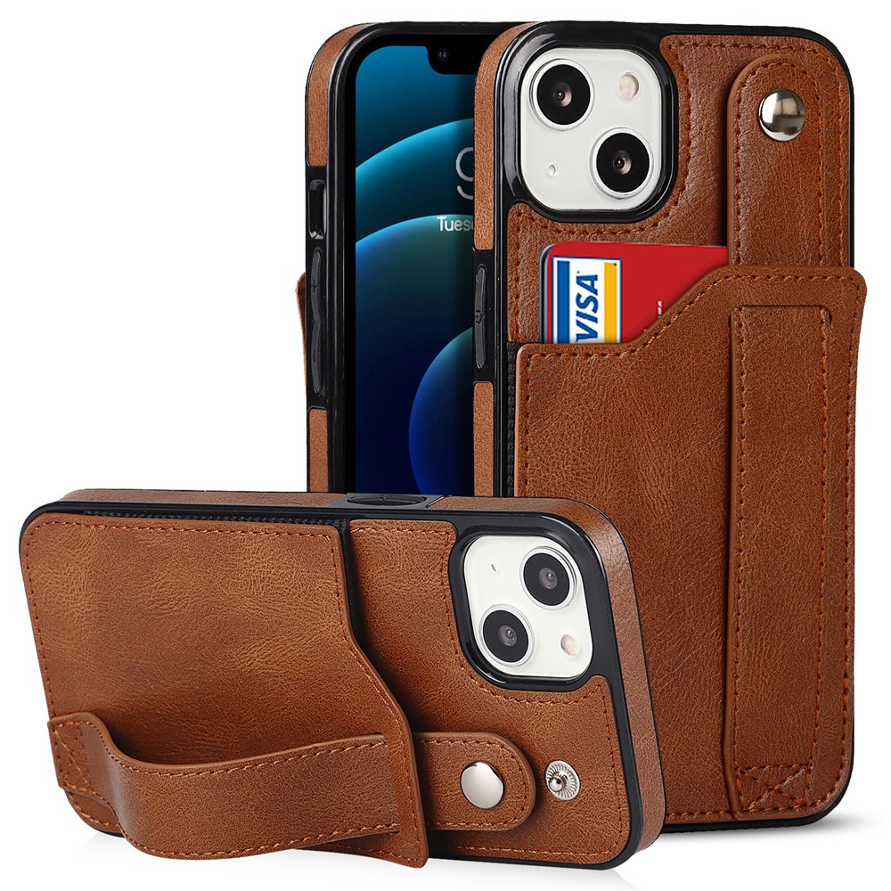 Hand Strap Kickstand Card Slot Design RFID Blocking Function PU Leather Coated TPU Phone Case for iPhone 13 mini 5.4 inch - Brown