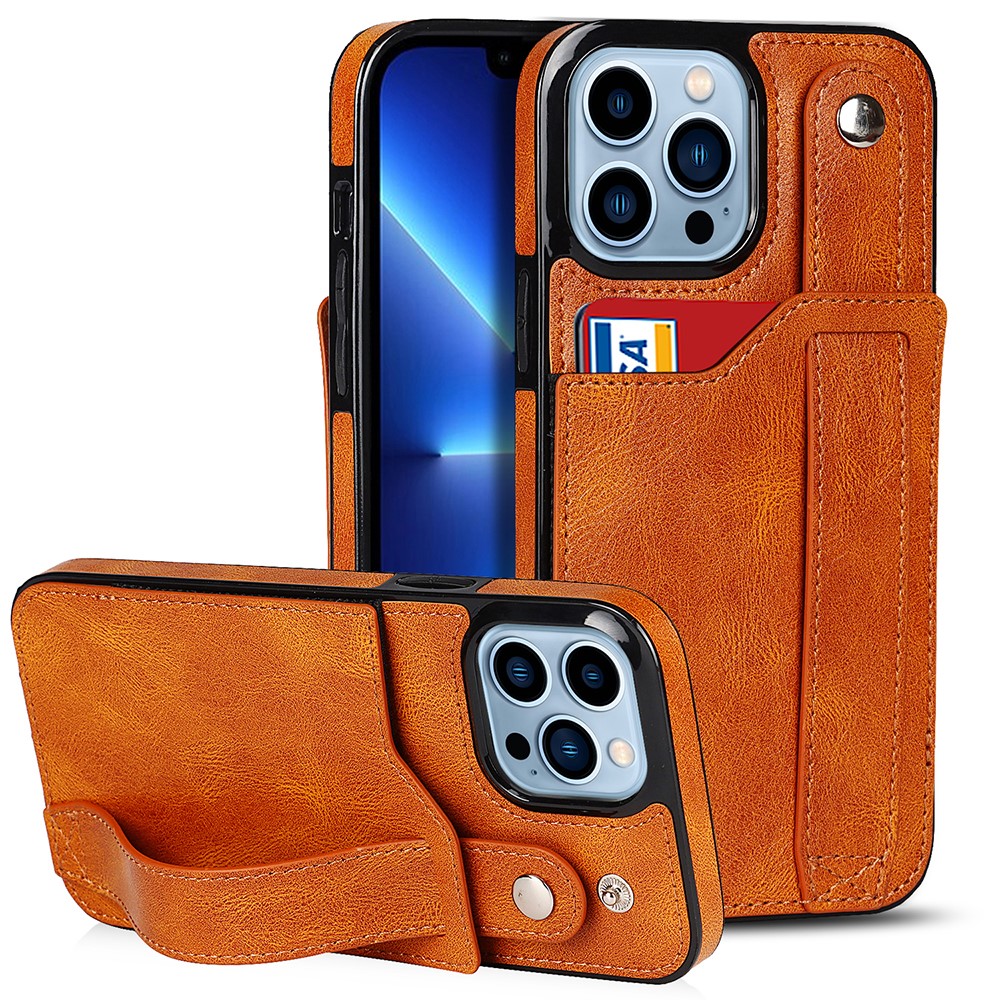 RFID Blocking Function Card Slot Design Anti-scratch PU Leather Coated TPU Case Cover with Hand Strap Kickstand for iPhone 13 Pro Max 6.7 inch - Khaki-1