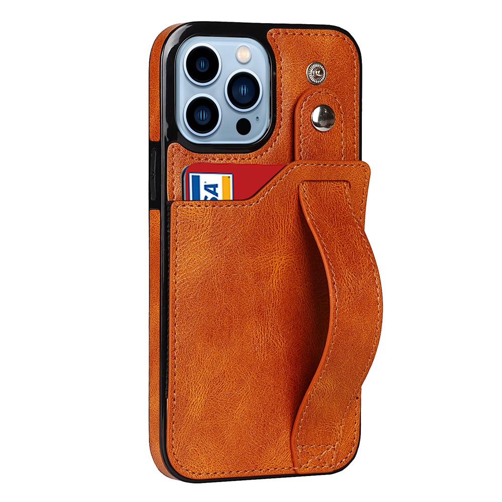 RFID Blocking Function Card Slot Design Anti-scratch PU Leather Coated TPU Case Cover with Hand Strap Kickstand for iPhone 13 Pro Max 6.7 inch - Khaki-2