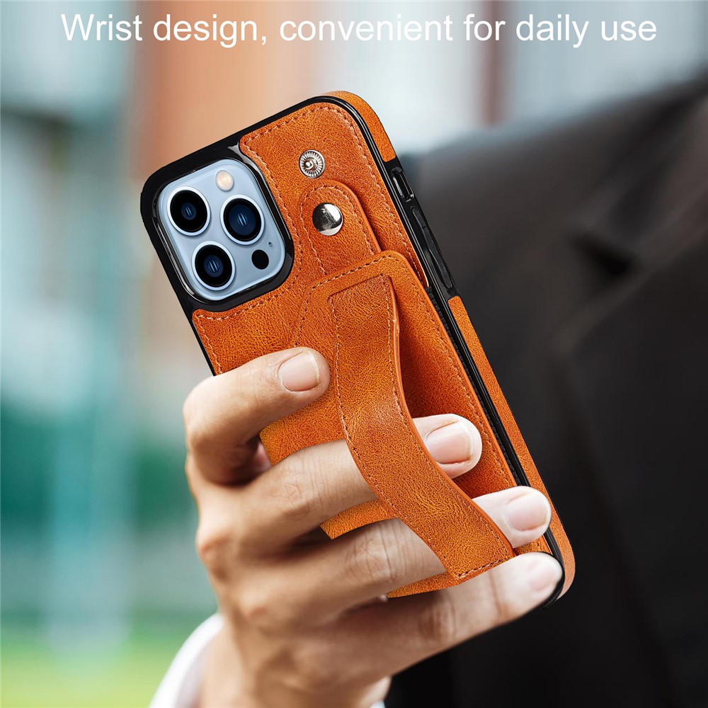 RFID Blocking Function Card Slot Design Anti-scratch PU Leather Coated TPU Case Cover with Hand Strap Kickstand for iPhone 13 Pro Max 6.7 inch - Khaki-6