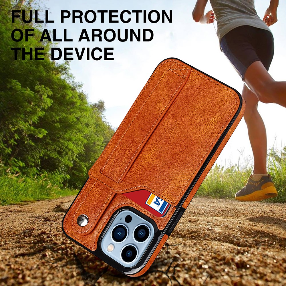 RFID Blocking Function Card Slot Design Anti-scratch PU Leather Coated TPU Case Cover with Hand Strap Kickstand for iPhone 13 Pro Max 6.7 inch - Khaki-8