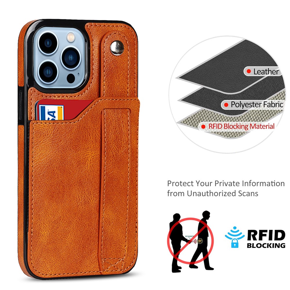 RFID Blocking Function Card Slot Design Anti-scratch PU Leather Coated TPU Case Cover with Hand Strap Kickstand for iPhone 13 Pro Max 6.7 inch - Khaki-9