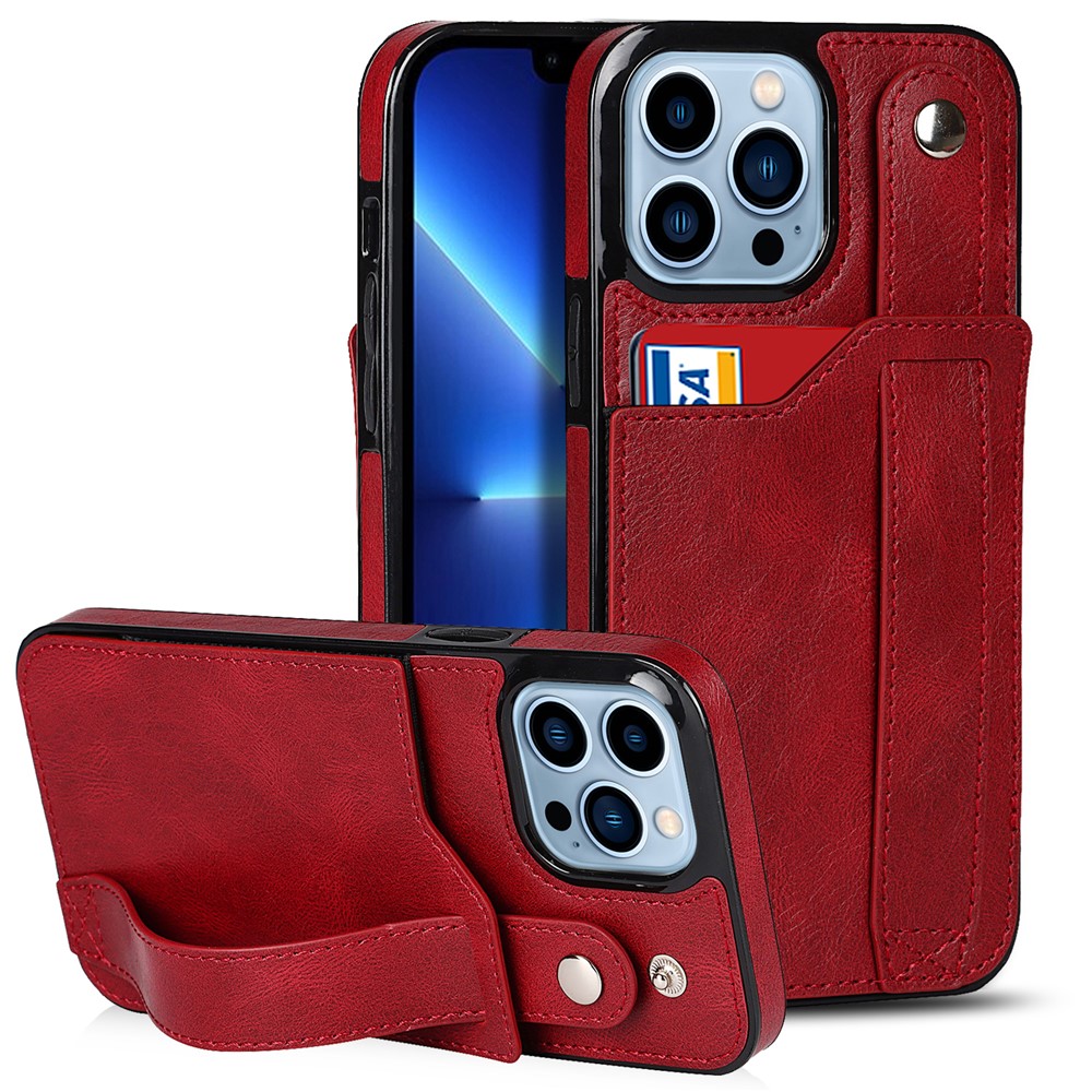 For iPhone 13 Pro 6.1 inch Well-protected RFID Blocking Function Anti-drop Hand Strap Kickstand PU Leather Coated TPU Case with Card Slot - Red-1