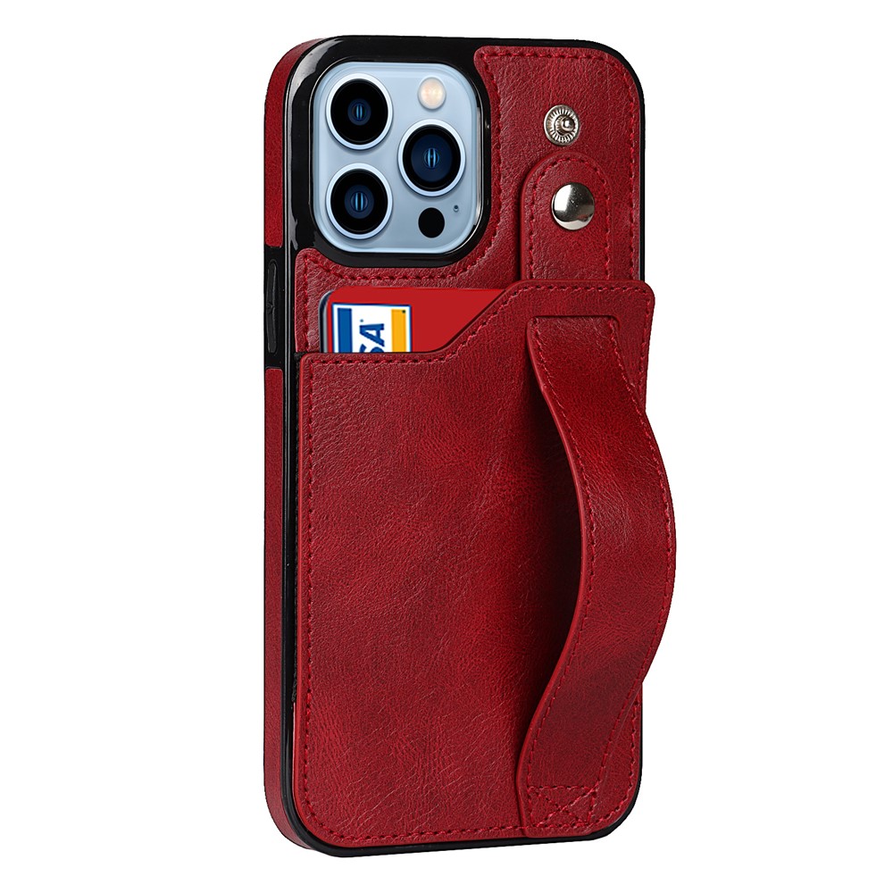 For iPhone 13 Pro 6.1 inch Well-protected RFID Blocking Function Anti-drop Hand Strap Kickstand PU Leather Coated TPU Case with Card Slot - Red-2