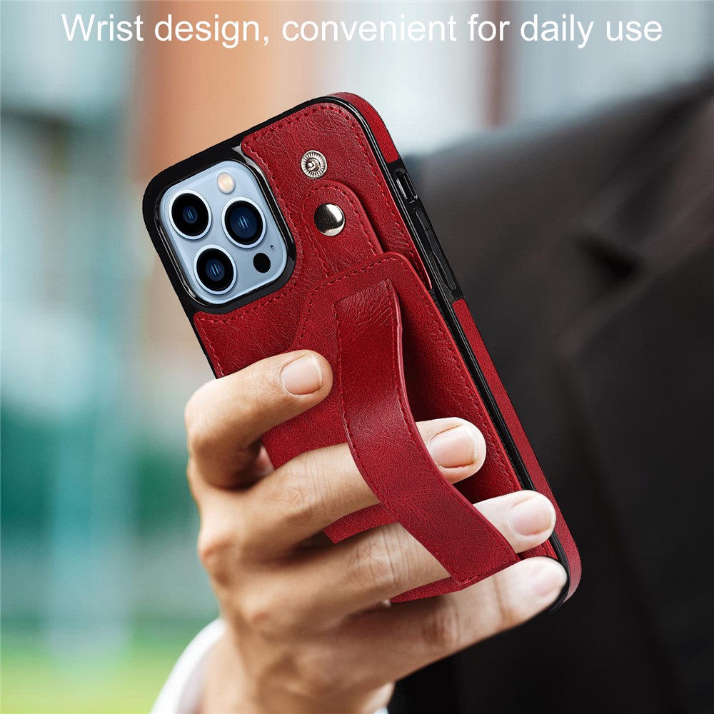 For iPhone 13 Pro 6.1 inch Well-protected RFID Blocking Function Anti-drop Hand Strap Kickstand PU Leather Coated TPU Case with Card Slot - Red-6