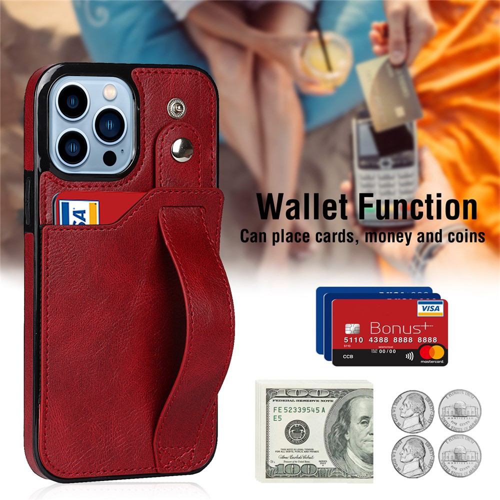 For iPhone 13 Pro 6.1 inch Well-protected RFID Blocking Function Anti-drop Hand Strap Kickstand PU Leather Coated TPU Case with Card Slot - Red-7