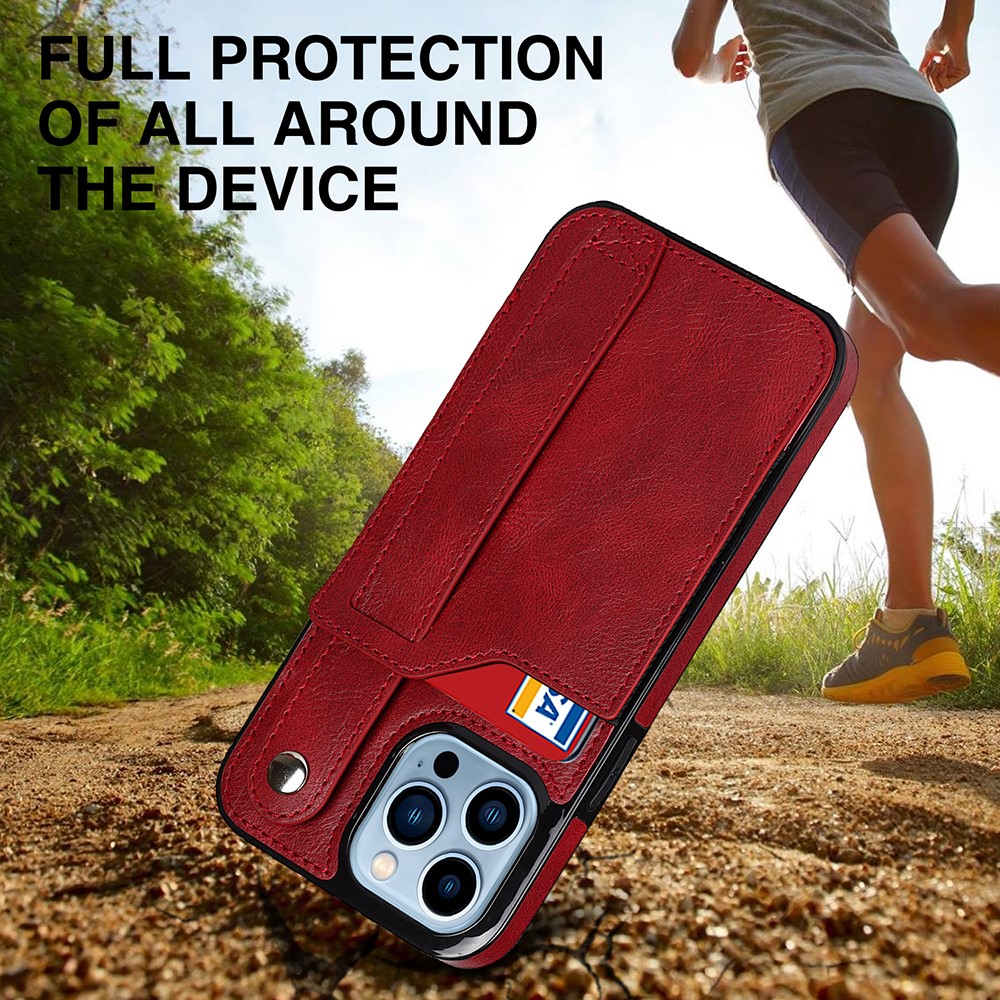For iPhone 13 Pro 6.1 inch Well-protected RFID Blocking Function Anti-drop Hand Strap Kickstand PU Leather Coated TPU Case with Card Slot - Red-8