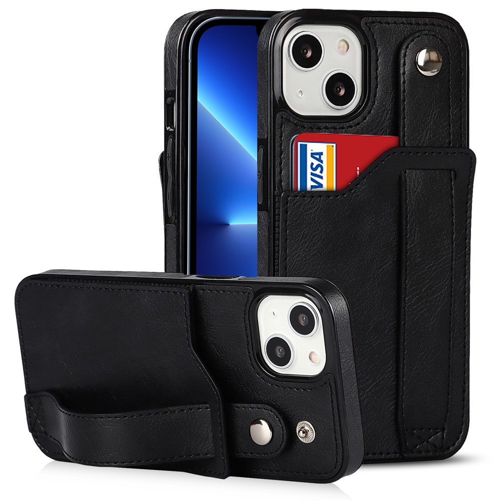 For iPhone 13 6.1 inch RFID Blocking Function Scratch-resistant Hand Strap Kickstand Design PU Leather Coated TPU Cover with Card Slot - Black-1