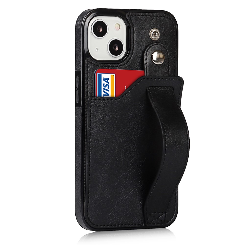 For iPhone 13 6.1 inch RFID Blocking Function Scratch-resistant Hand Strap Kickstand Design PU Leather Coated TPU Cover with Card Slot - Black-3